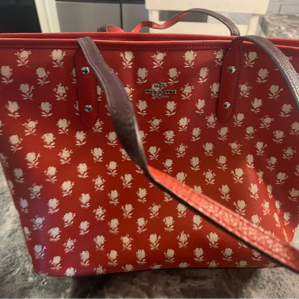 Coach Red and White Floral Tote Bag
